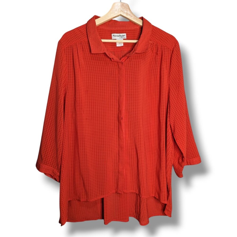 NorthStyle Womens Size 1X Red Collared Button Front Subtle Plaid Blouse